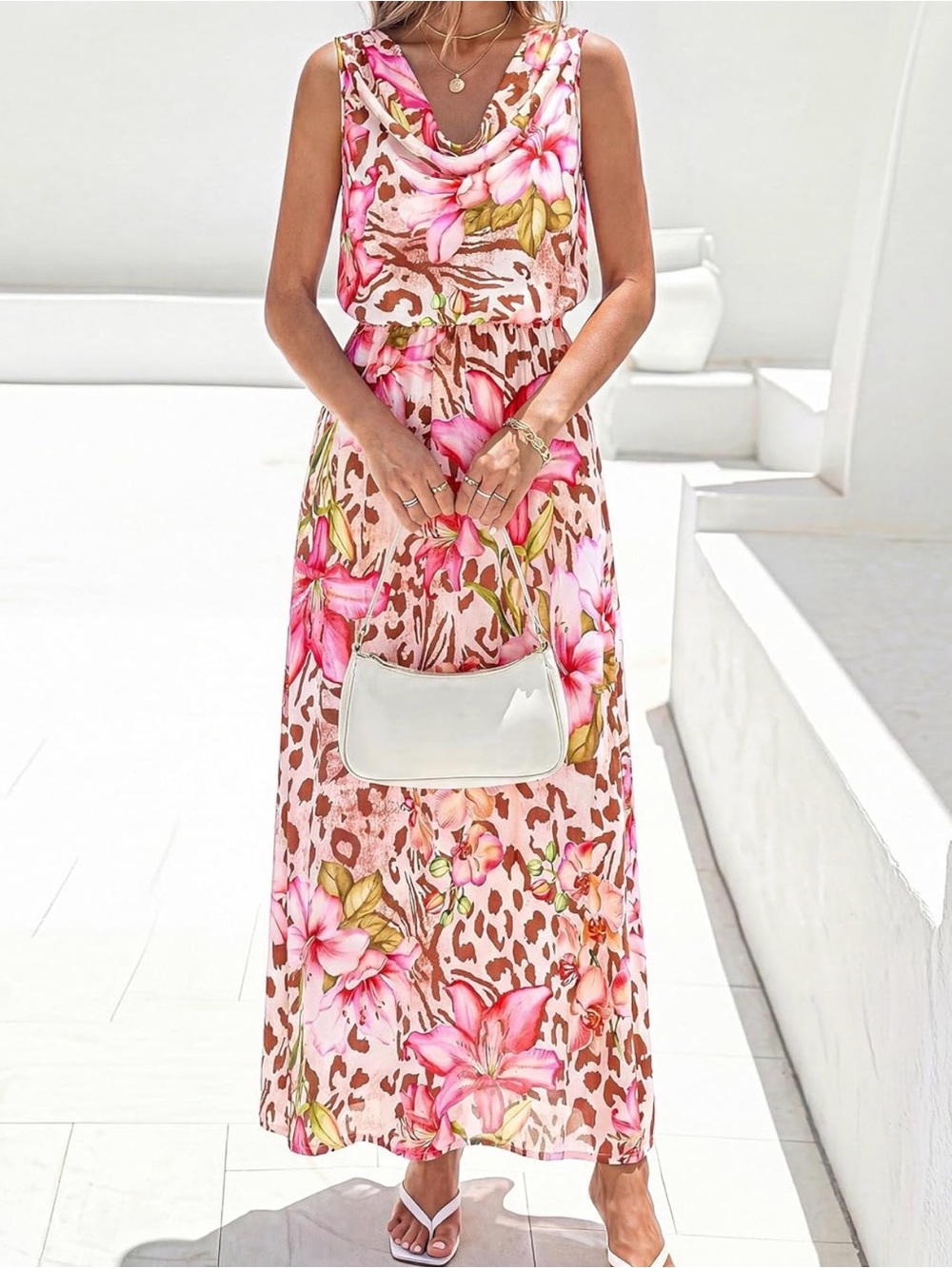 Pink Floral Print Maxi Dress with Cowl Neck